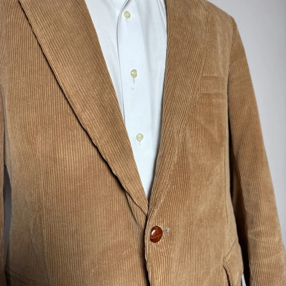 Jordache Blazer Mens 44L Tan Solid‎ Corduroy 2-Button Notch Lapel Vintage
